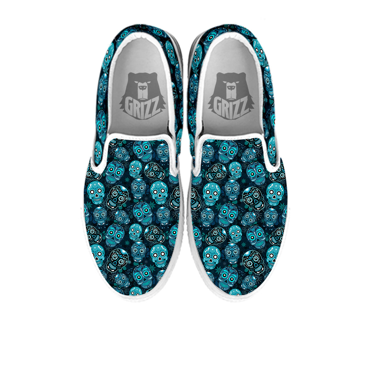 Blue Calavera Skull Print Pattern White Slip On Shoes-grizzshop