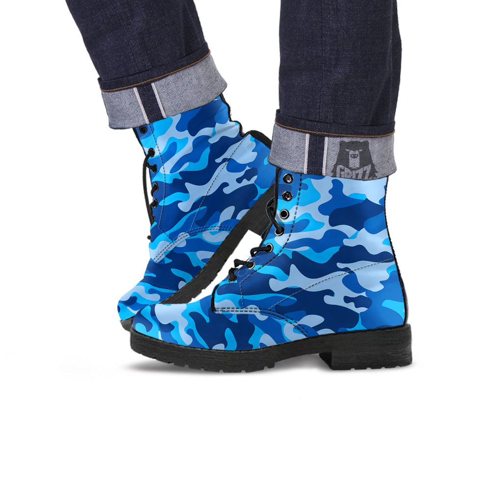 Blue Camo And Camouflage Print Leather Boots