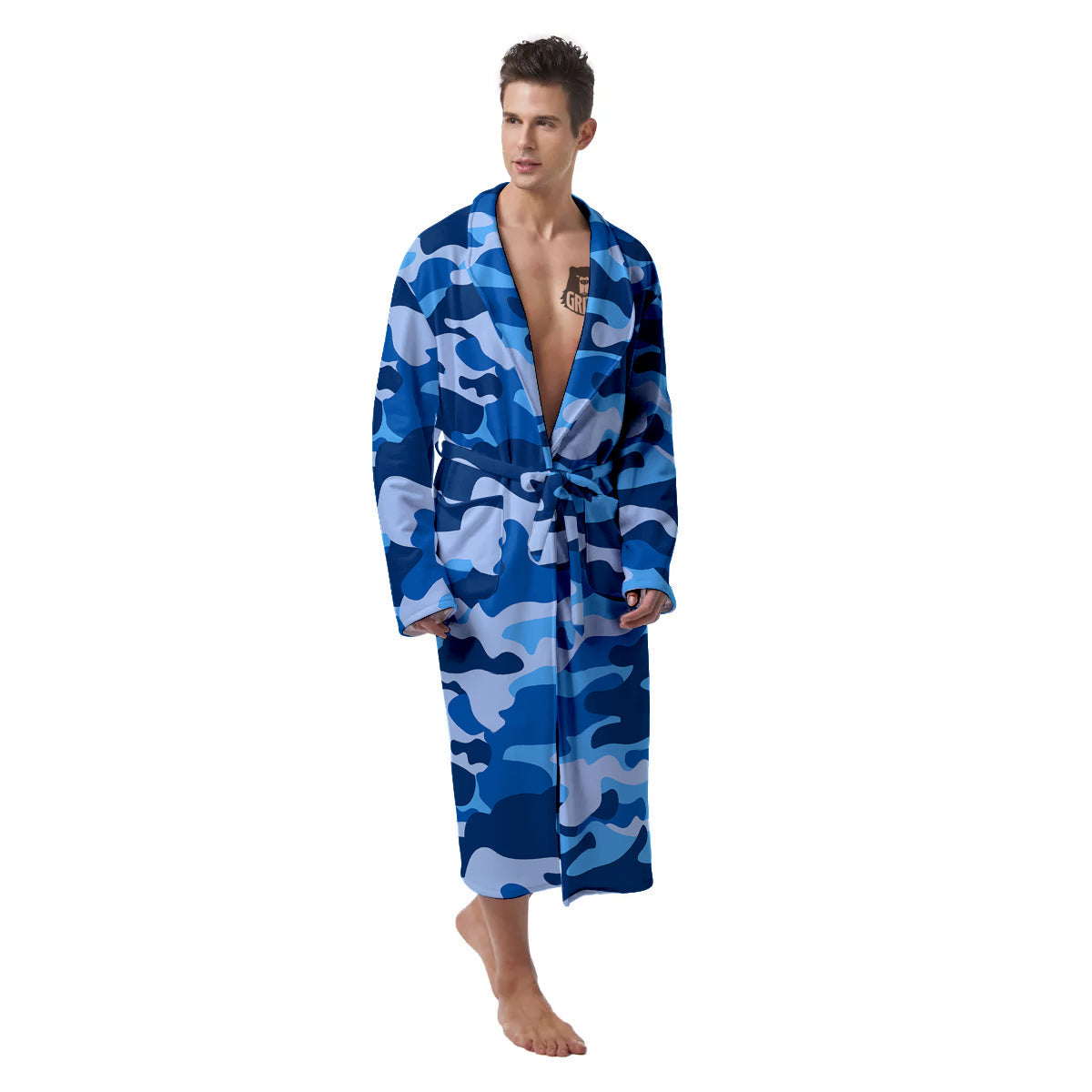 Blue Camo And Camouflage Print Men's Robe-grizzshop