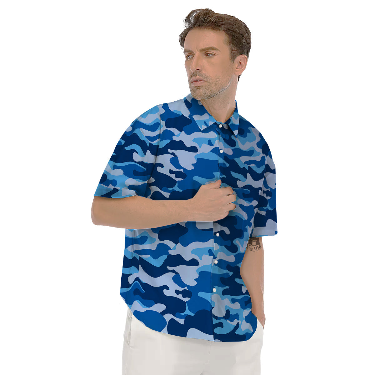 Blue Camo And Camouflage Print Men's Short Sleeve Shirts-grizzshop