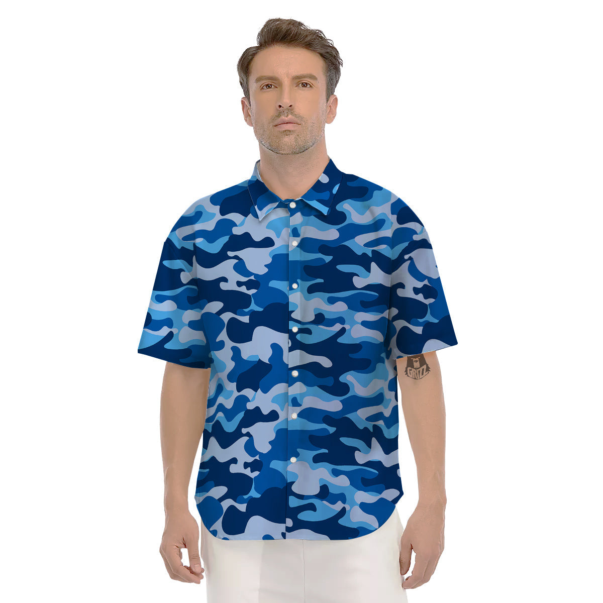 Blue Camo And Camouflage Print Men's Short Sleeve Shirts-grizzshop