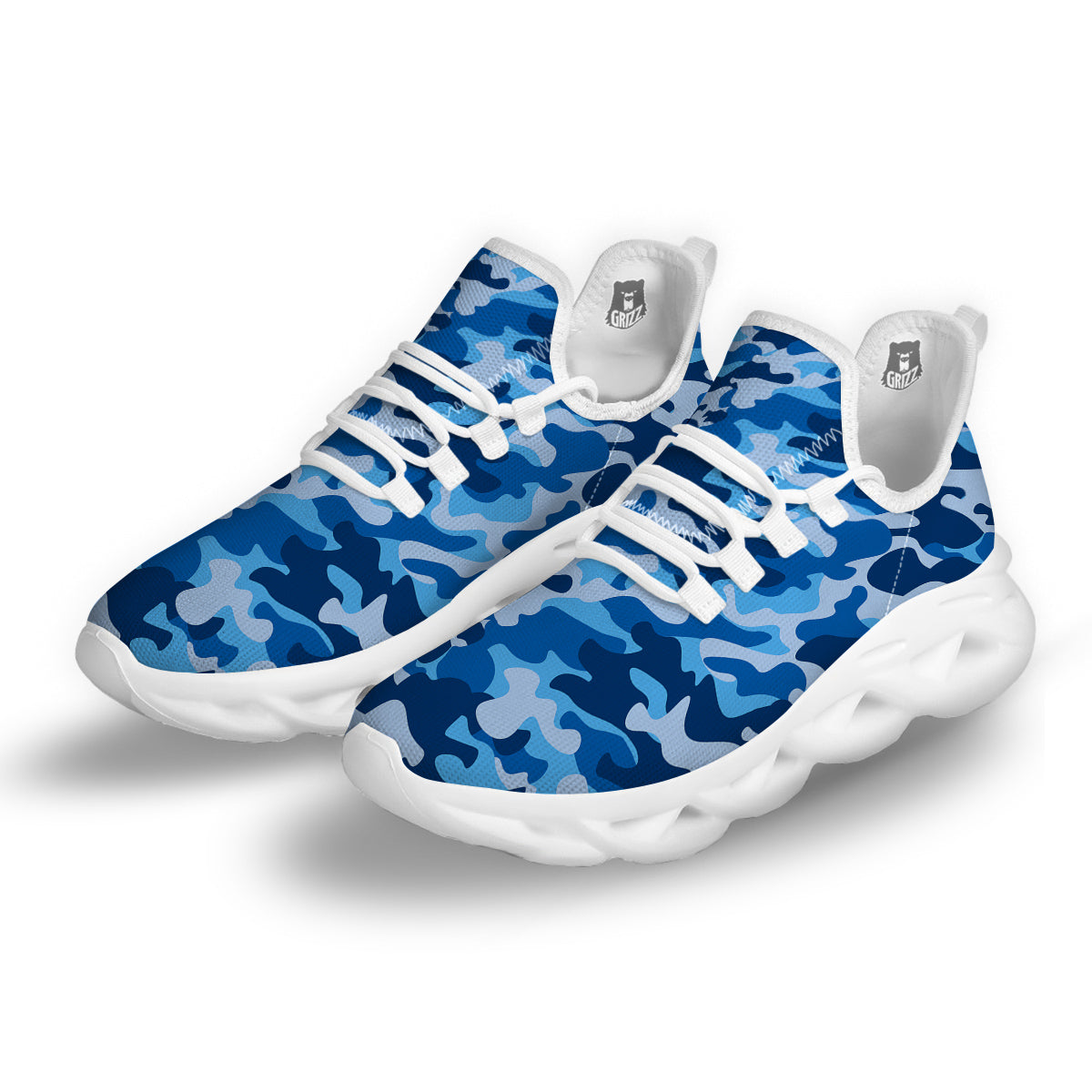 Blue Camo And Camouflage Print White Running Shoes-grizzshop