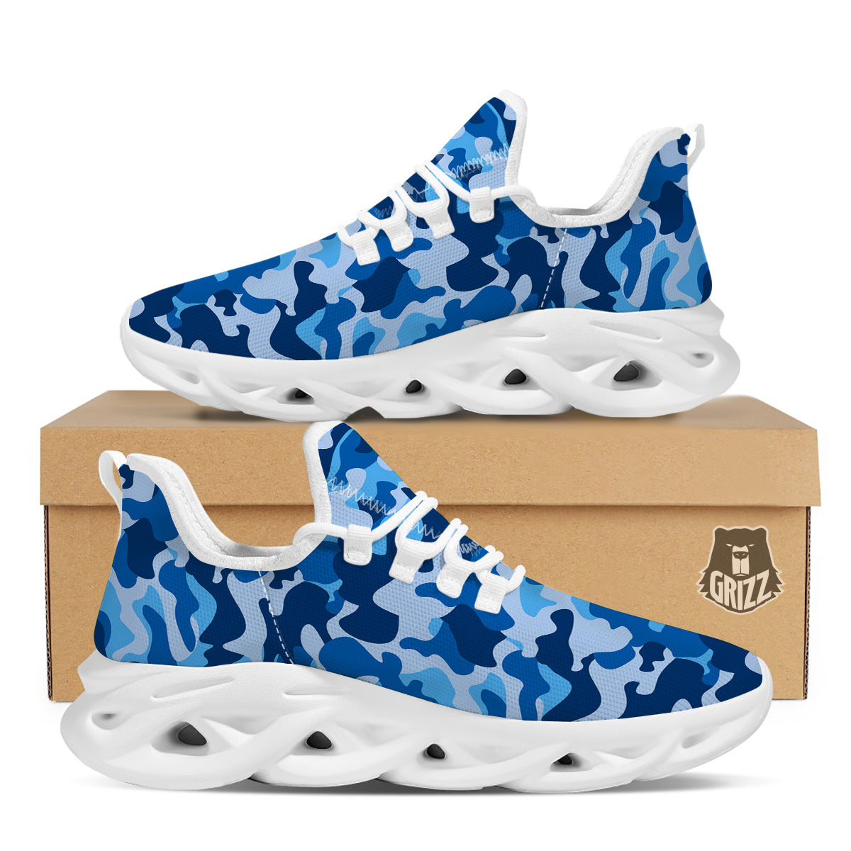 Blue Camo And Camouflage Print White Running Shoes-grizzshop