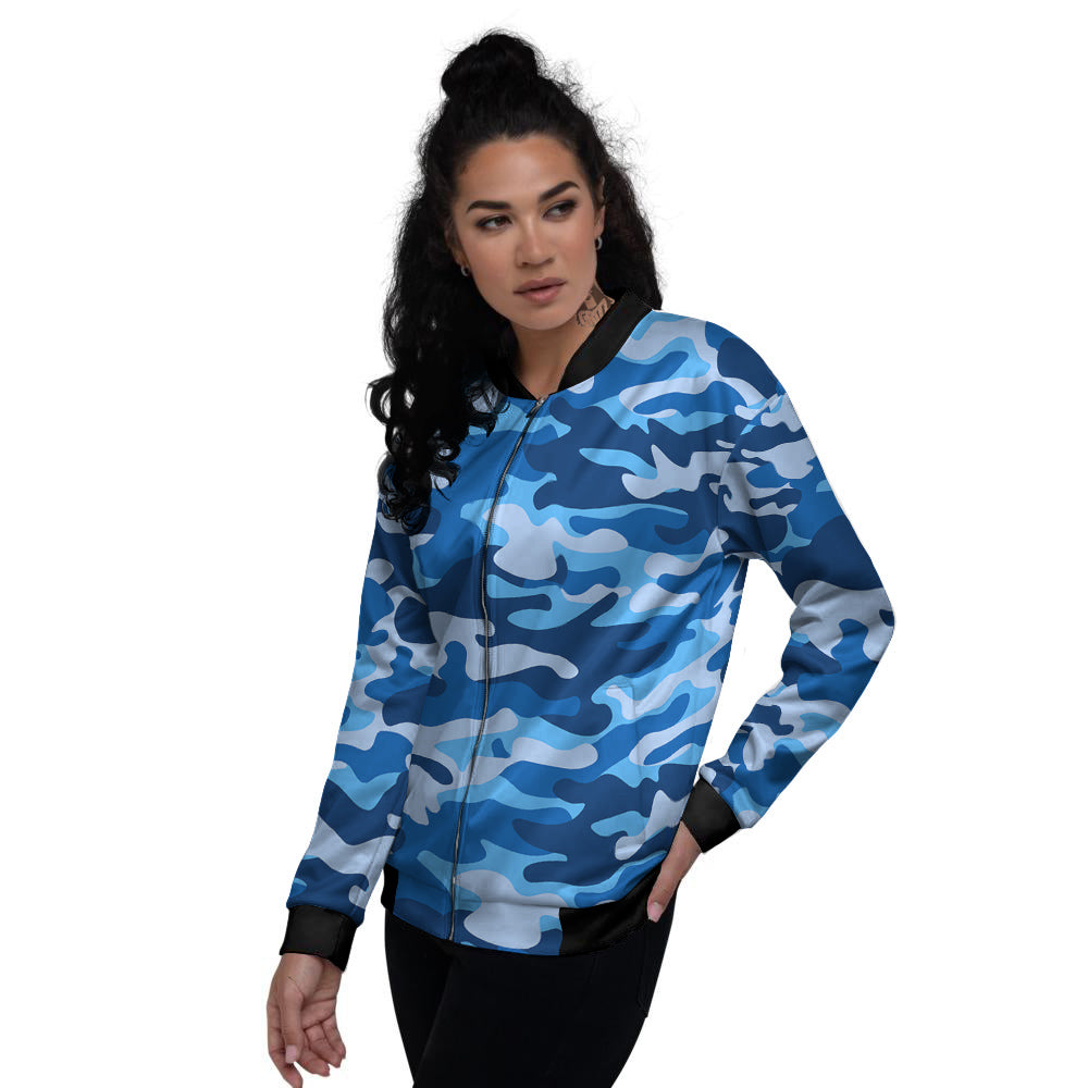Blue Camo And Camouflage Print Women's Bomber Jacket-grizzshop