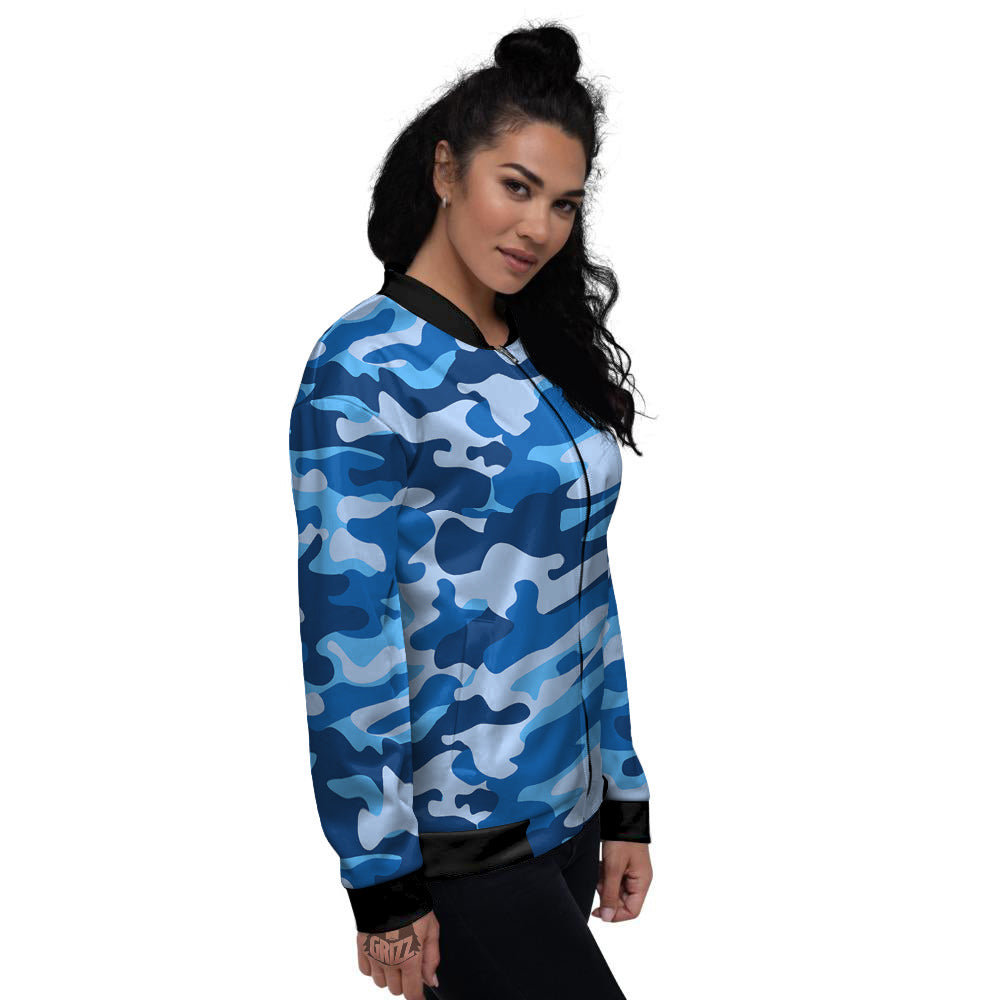 Blue Camo And Camouflage Print Women's Bomber Jacket-grizzshop