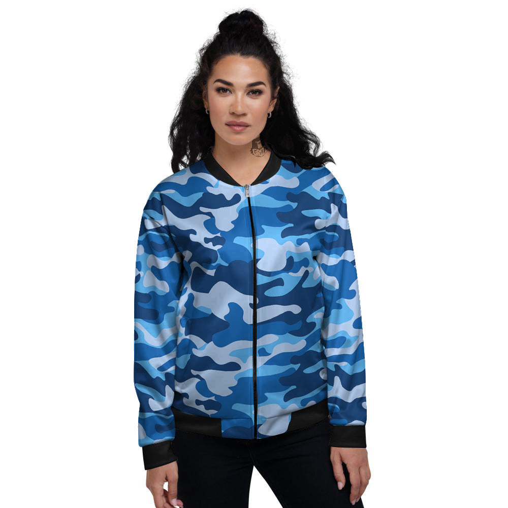 Blue Camo And Camouflage Print Women's Bomber Jacket-grizzshop
