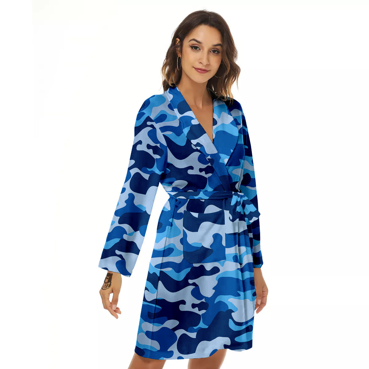 Blue Camo And Camouflage Print Women's Robe-grizzshop