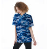 Blue Camo And Camouflage Print Women's Short Sleeve Shirts-grizzshop