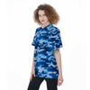 Blue Camo And Camouflage Print Women's Short Sleeve Shirts-grizzshop