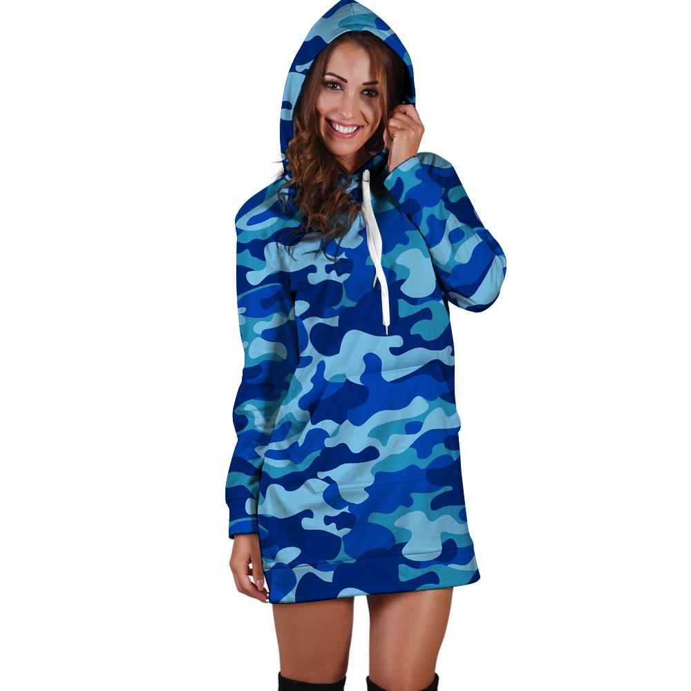 Blue Camo Print Hoodie Dress-grizzshop