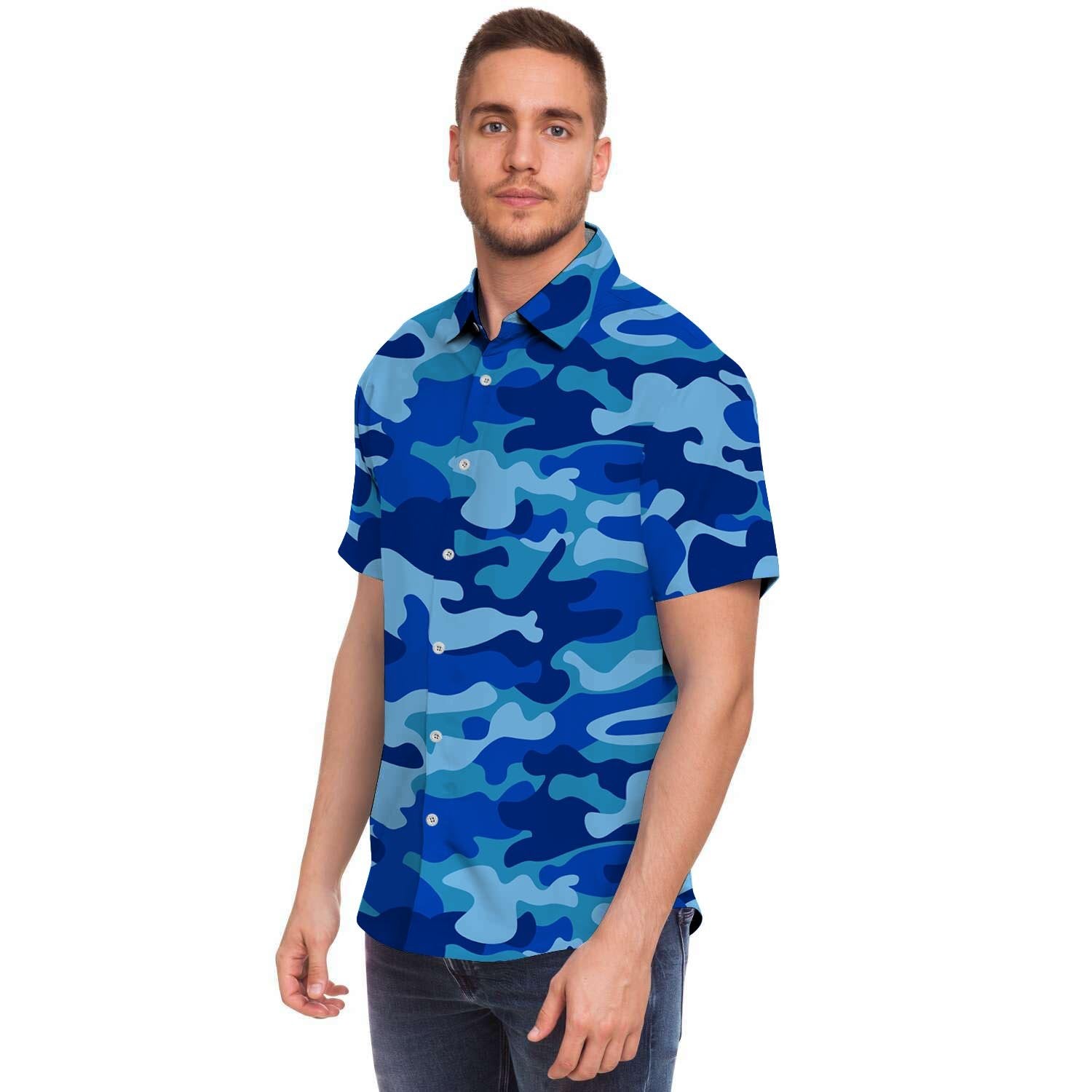 Blue Camo Print Men's Short Sleeve Shirt-grizzshop