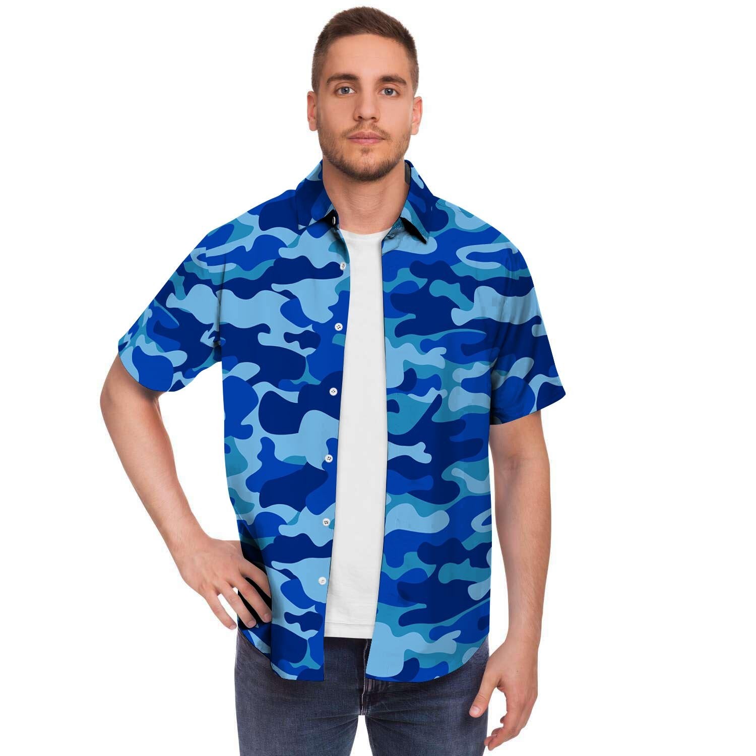 Blue Camo Print Men's Short Sleeve Shirt-grizzshop
