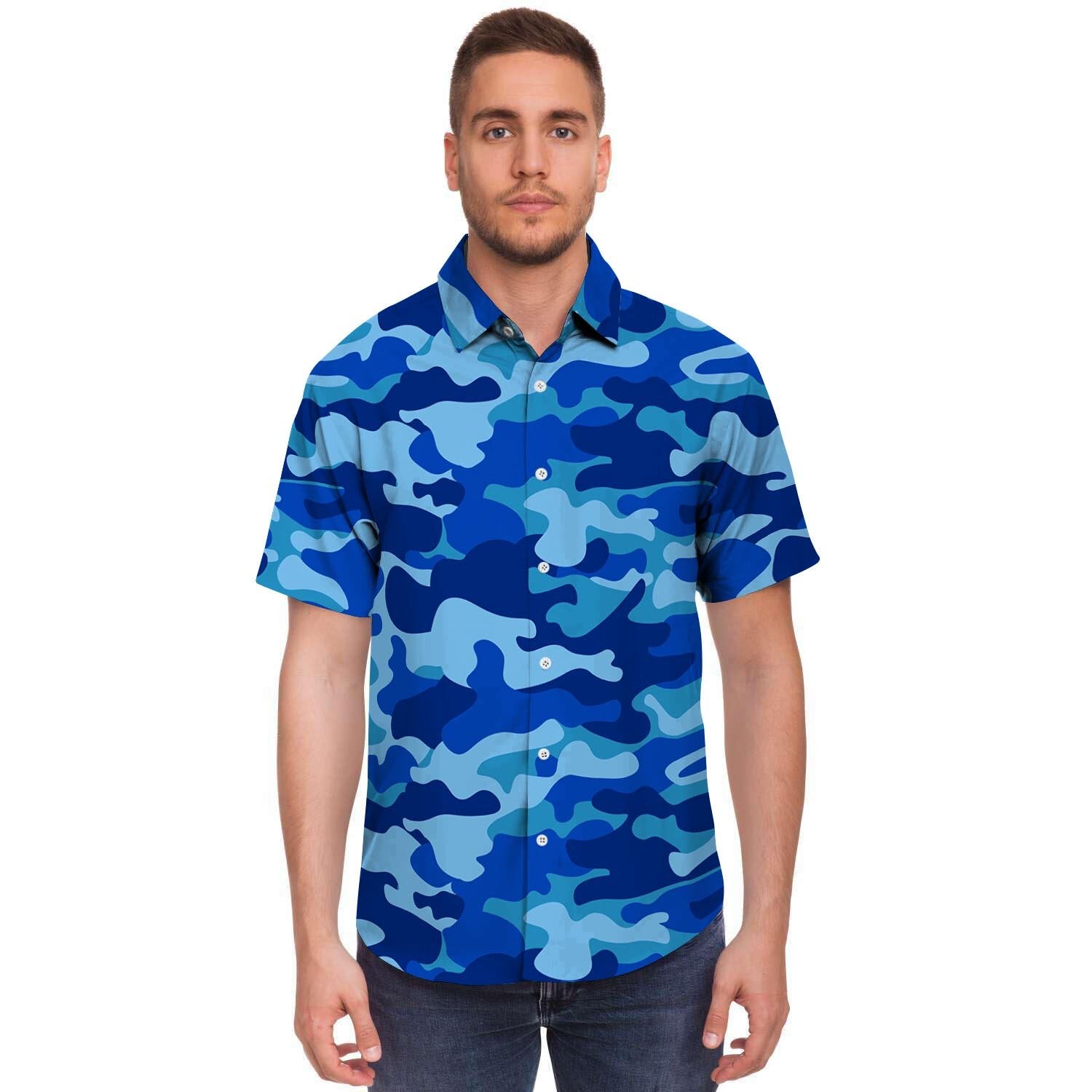 Blue Camo Print Men's Short Sleeve Shirt-grizzshop