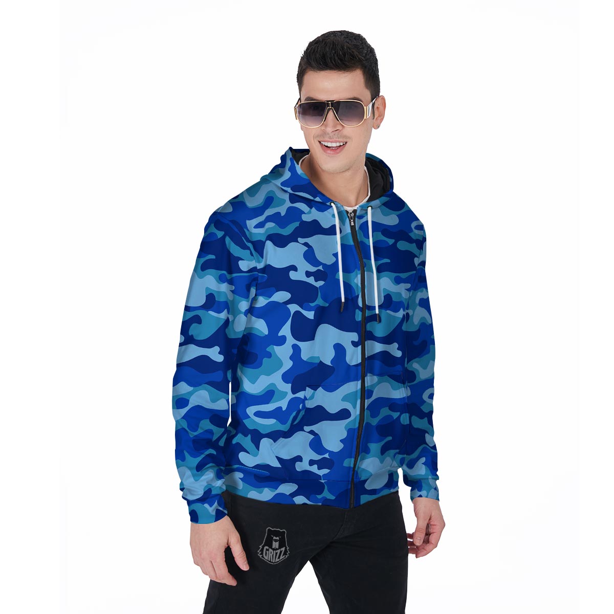 Blue Camo Print Men's Zip Up Hoodie-grizzshop