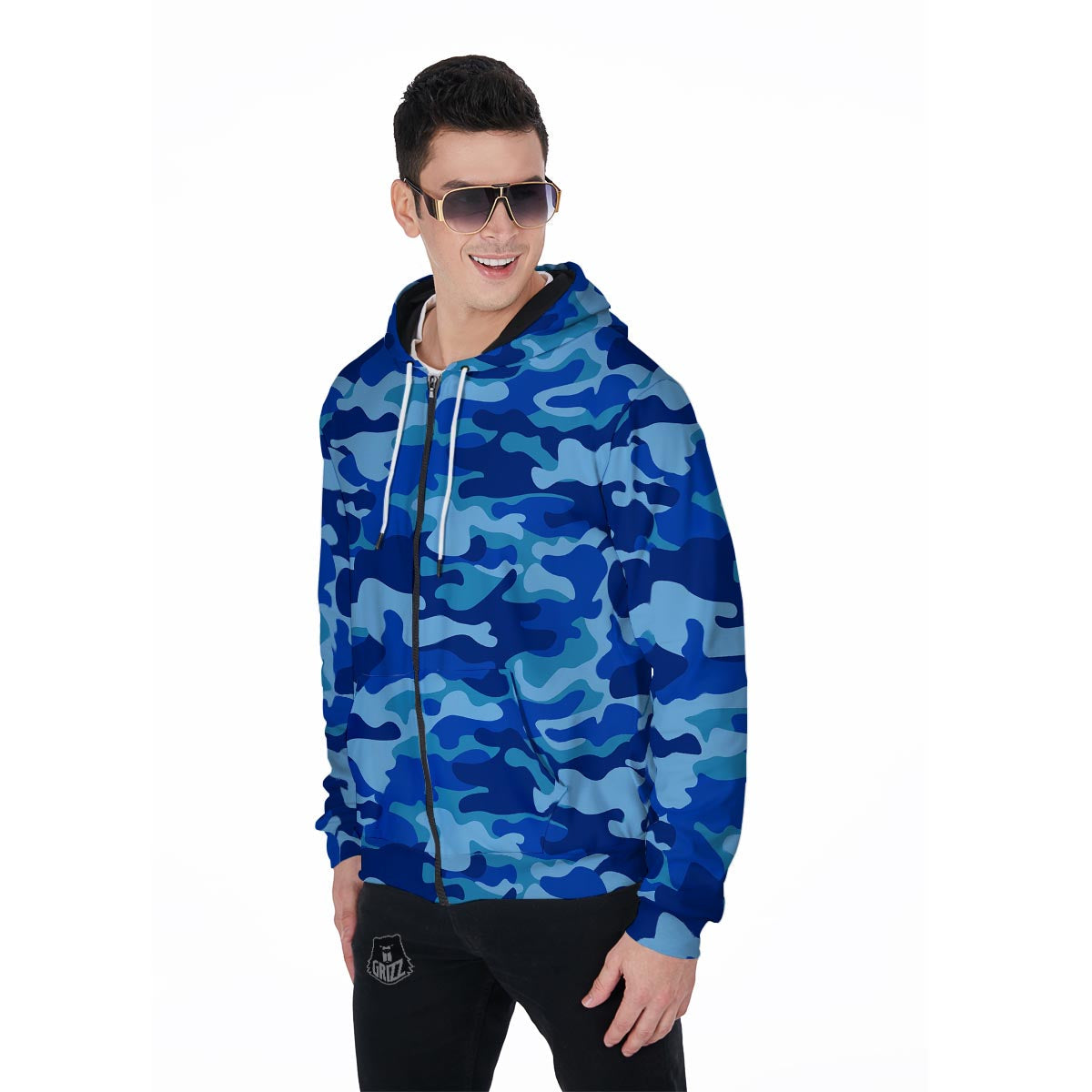 Blue Camo Print Men's Zip Up Hoodie-grizzshop