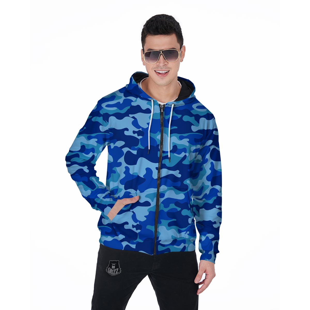 Blue Camo Print Men's Zip Up Hoodie-grizzshop