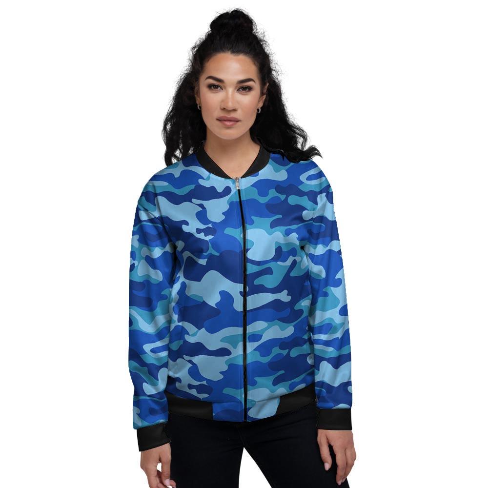 Blue Camo Print Women's Bomber Jacket-grizzshop