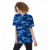 Blue Camo Print Women's Short Sleeve Shirts-grizzshop