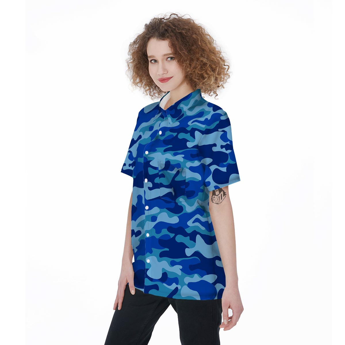 Blue Camo Print Women's Short Sleeve Shirts-grizzshop