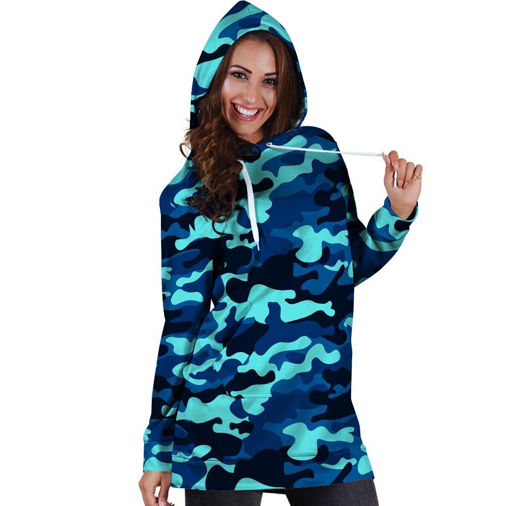 Blue Camoflage Print Hoodie Dress-grizzshop