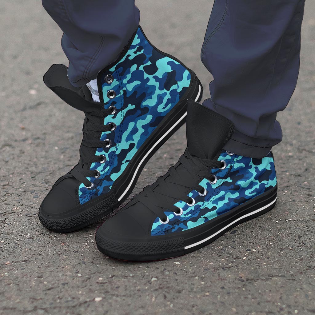 Blue Camoflage Print Men's High Top Shoes-grizzshop