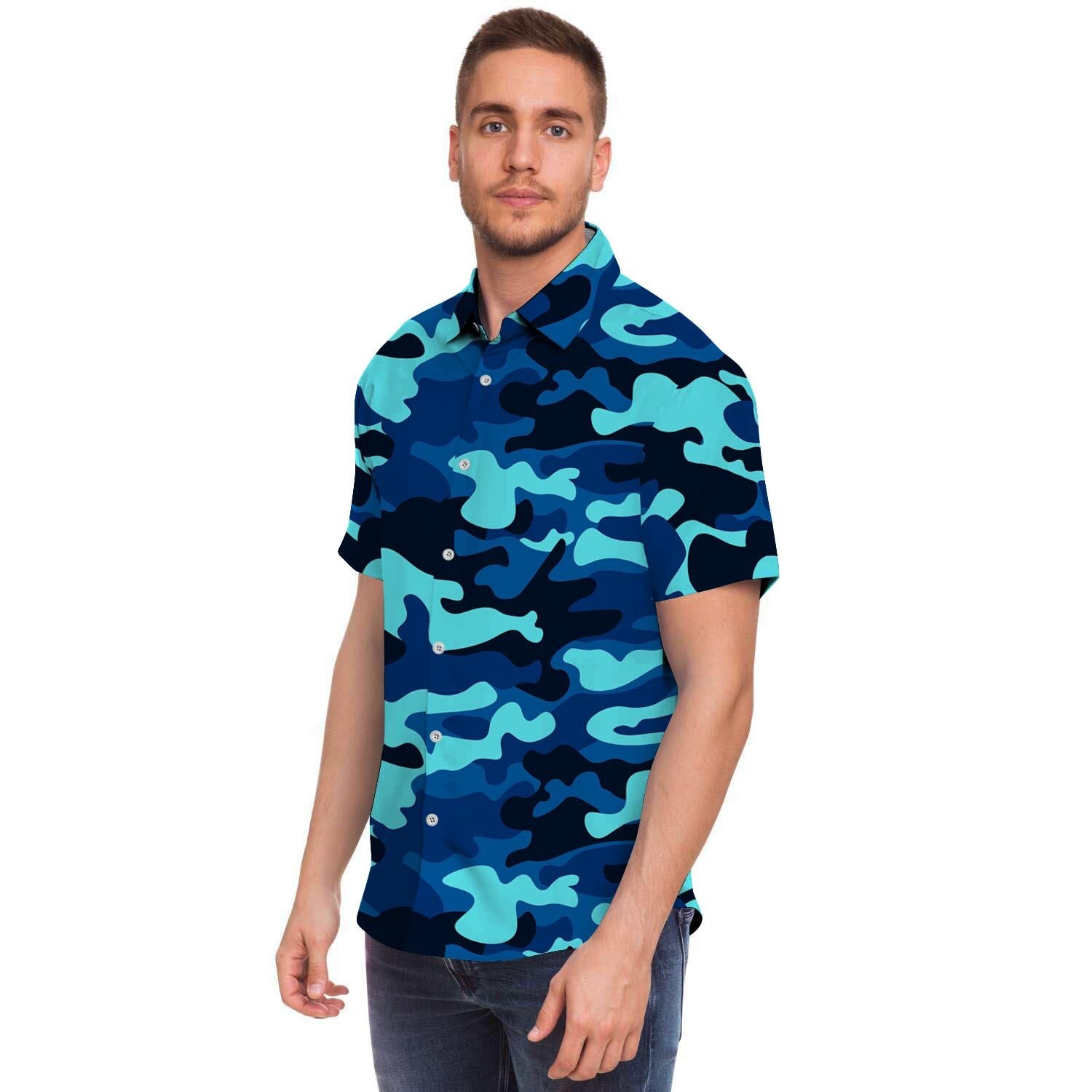 Blue Camoflage Print Men's Short Sleeve Shirt-grizzshop