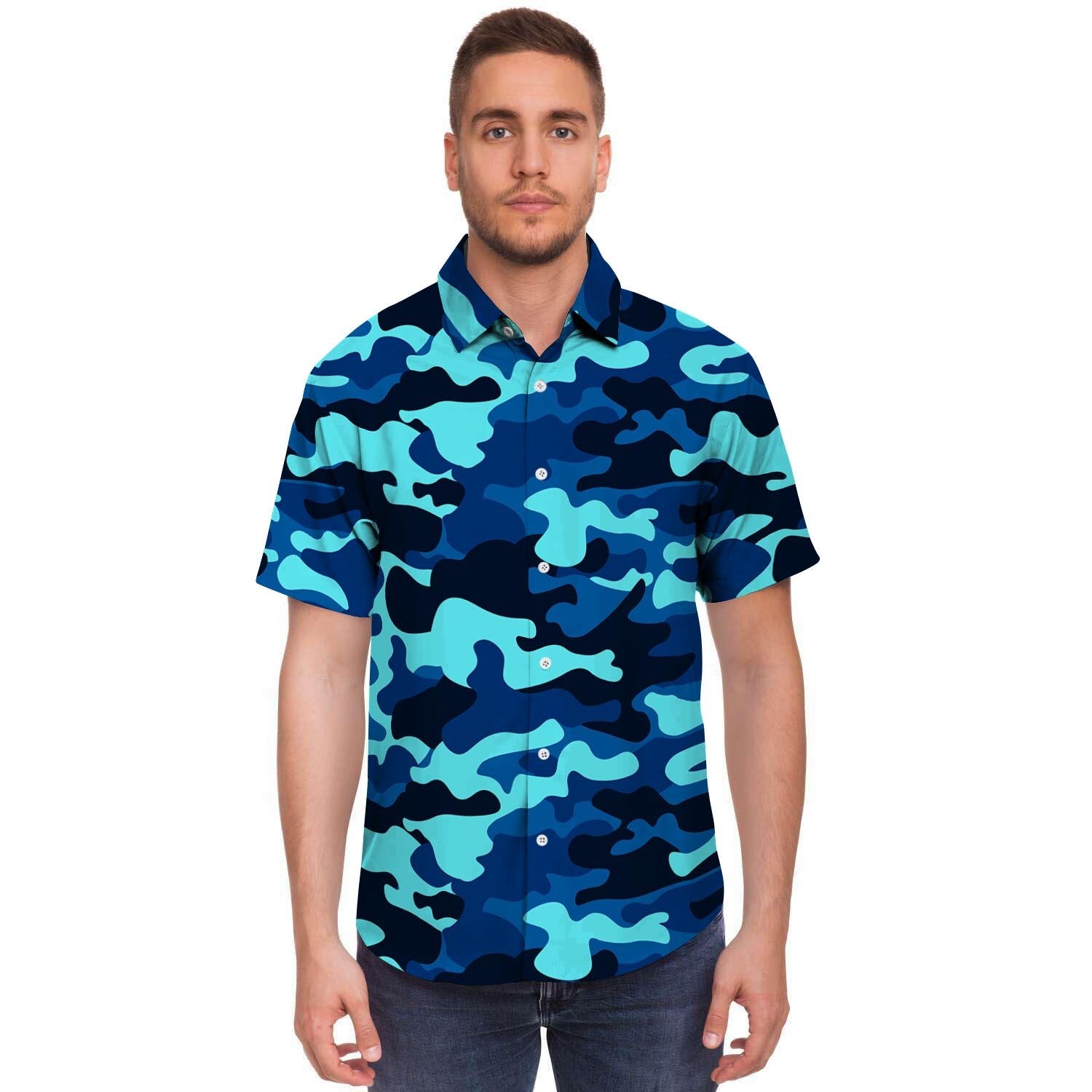 Blue Camoflage Print Men's Short Sleeve Shirt-grizzshop