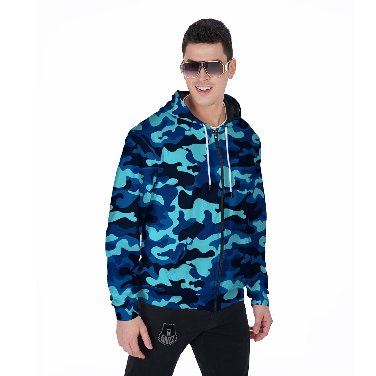 Blue Camoflage Print Men's Zip Up Hoodie-grizzshop