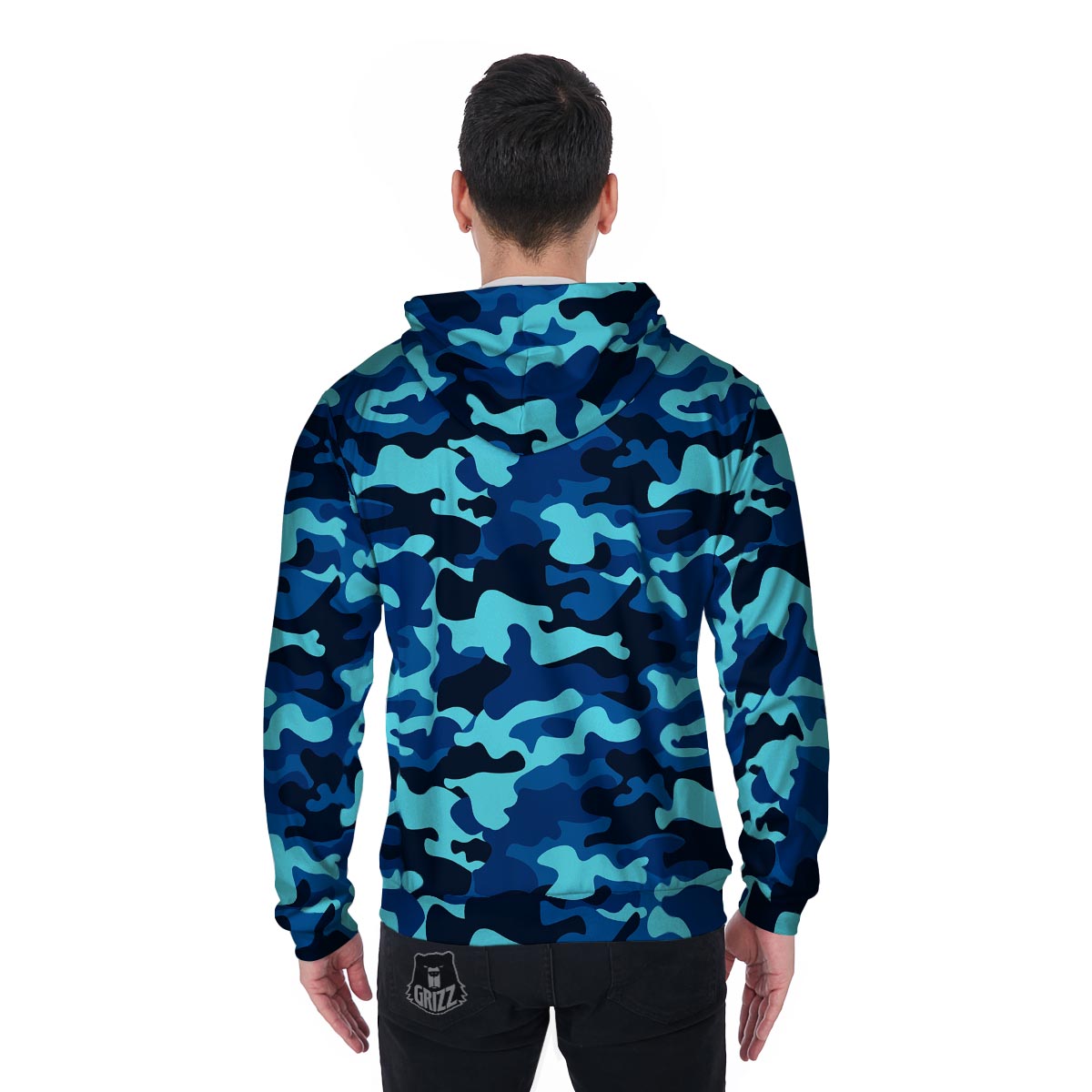 Blue Camoflage Print Men's Zip Up Hoodie-grizzshop