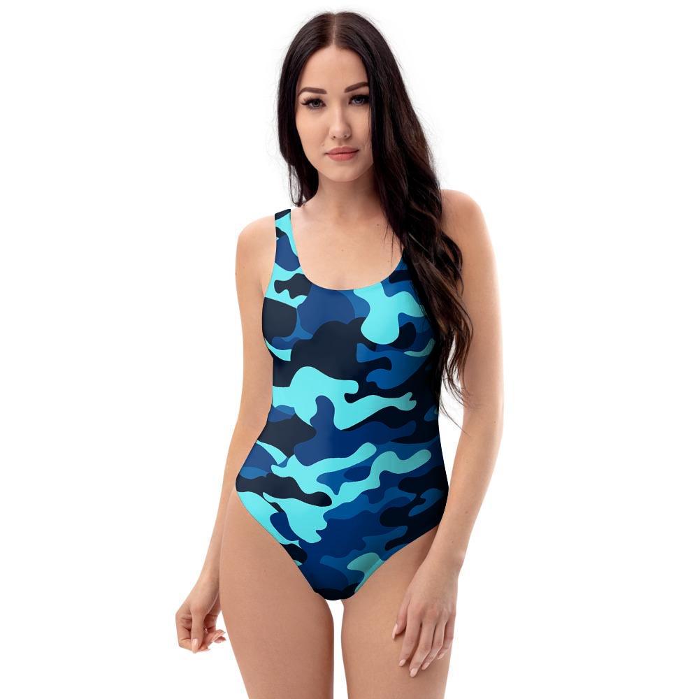 Blue Camoflage Print One Piece Swimsuite-grizzshop