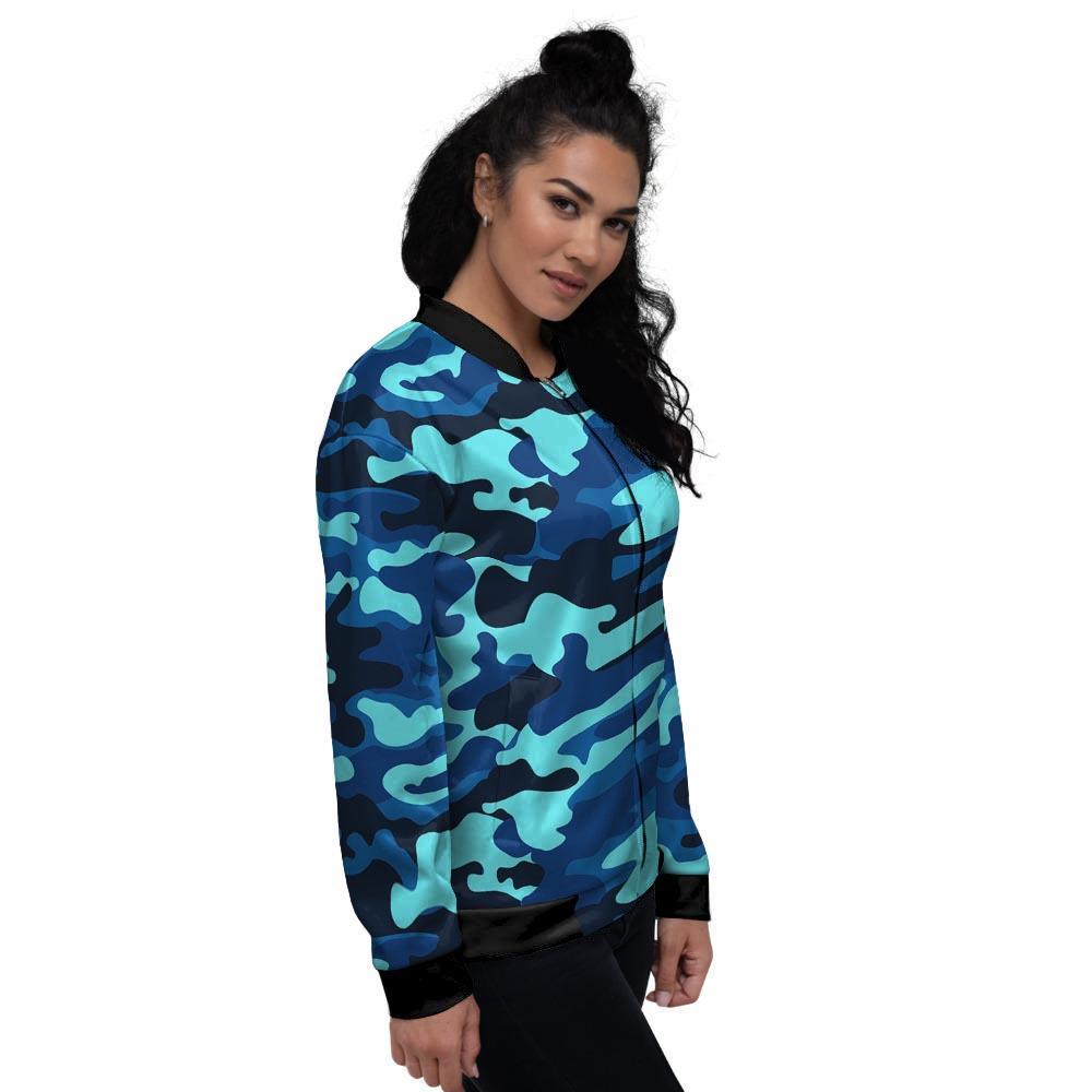 Blue Camoflage Print Women's Bomber Jacket-grizzshop