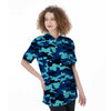 Blue Camoflage Print Women's Short Sleeve Shirts-grizzshop