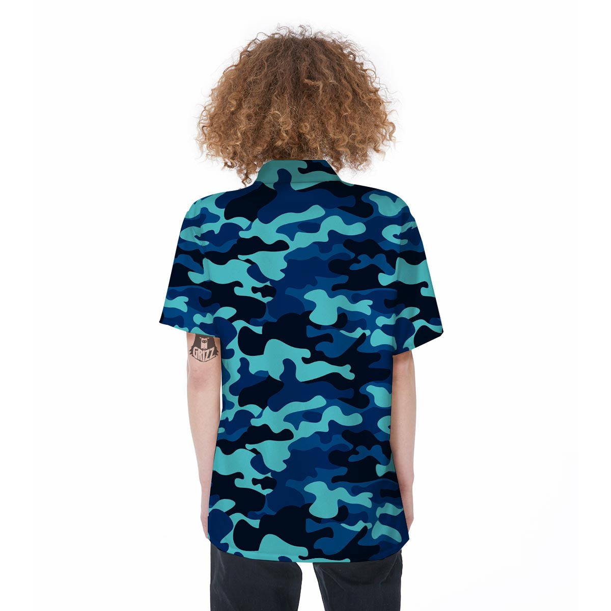 Blue Camoflage Print Women's Short Sleeve Shirts-grizzshop