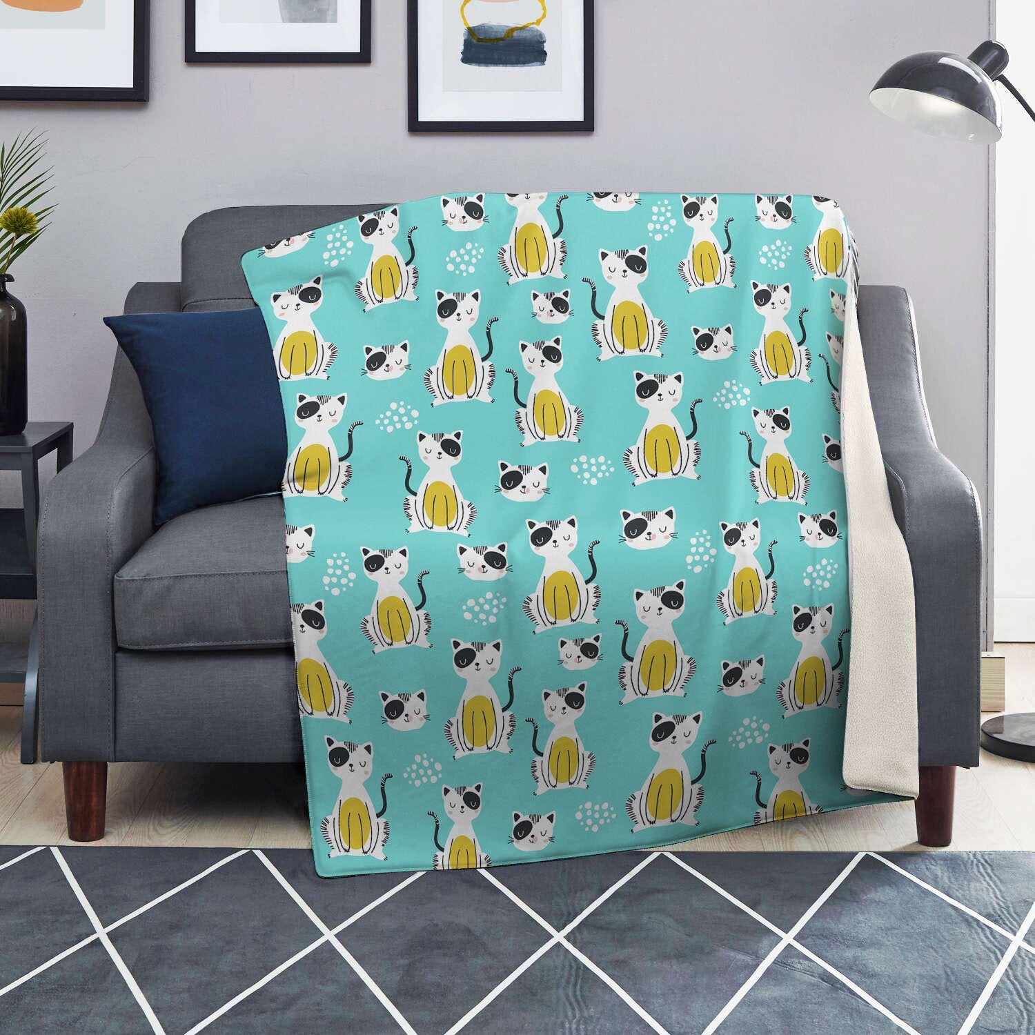 Blue Cat Print Blanket-grizzshop