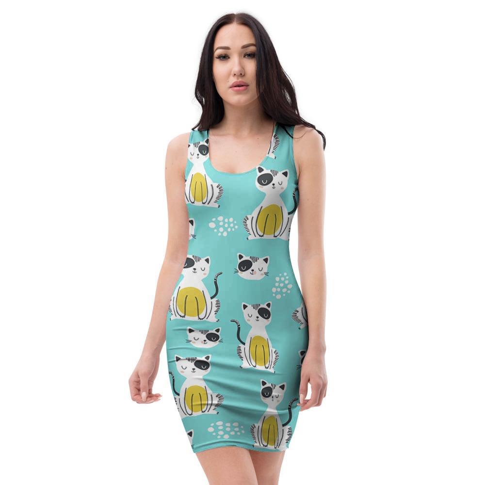 Blue Cat Print Bodycon Dress-grizzshop