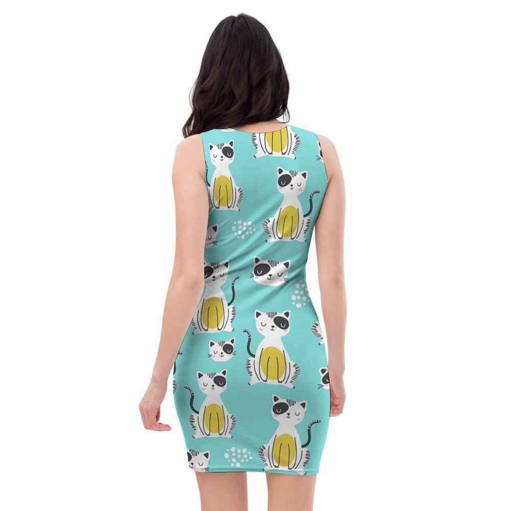 Blue Cat Print Bodycon Dress-grizzshop