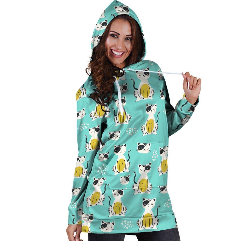 Blue Cat Print Hoodie Dress-grizzshop