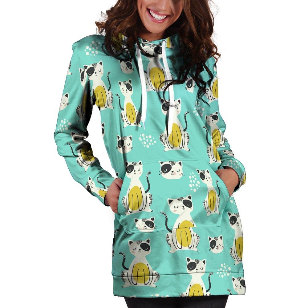 Blue Cat Print Hoodie Dress-grizzshop