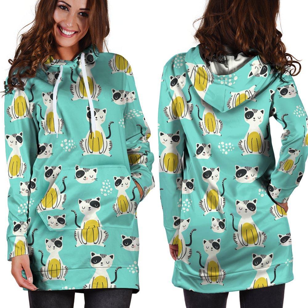 Blue Cat Print Hoodie Dress-grizzshop