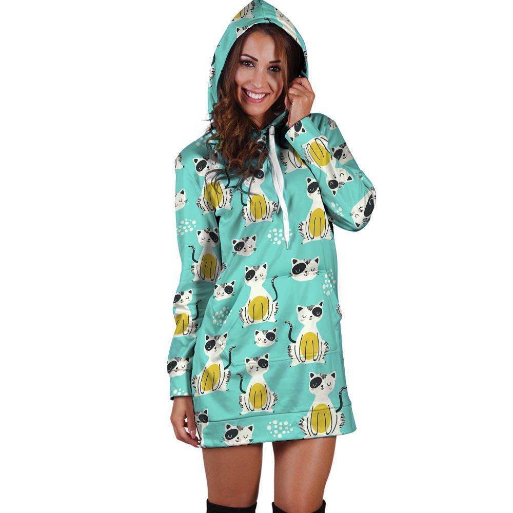 Blue Cat Print Hoodie Dress-grizzshop