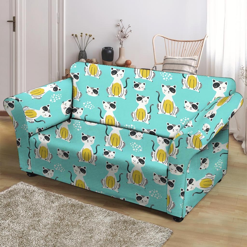 Blue Cat Print Loveseat Cover-grizzshop