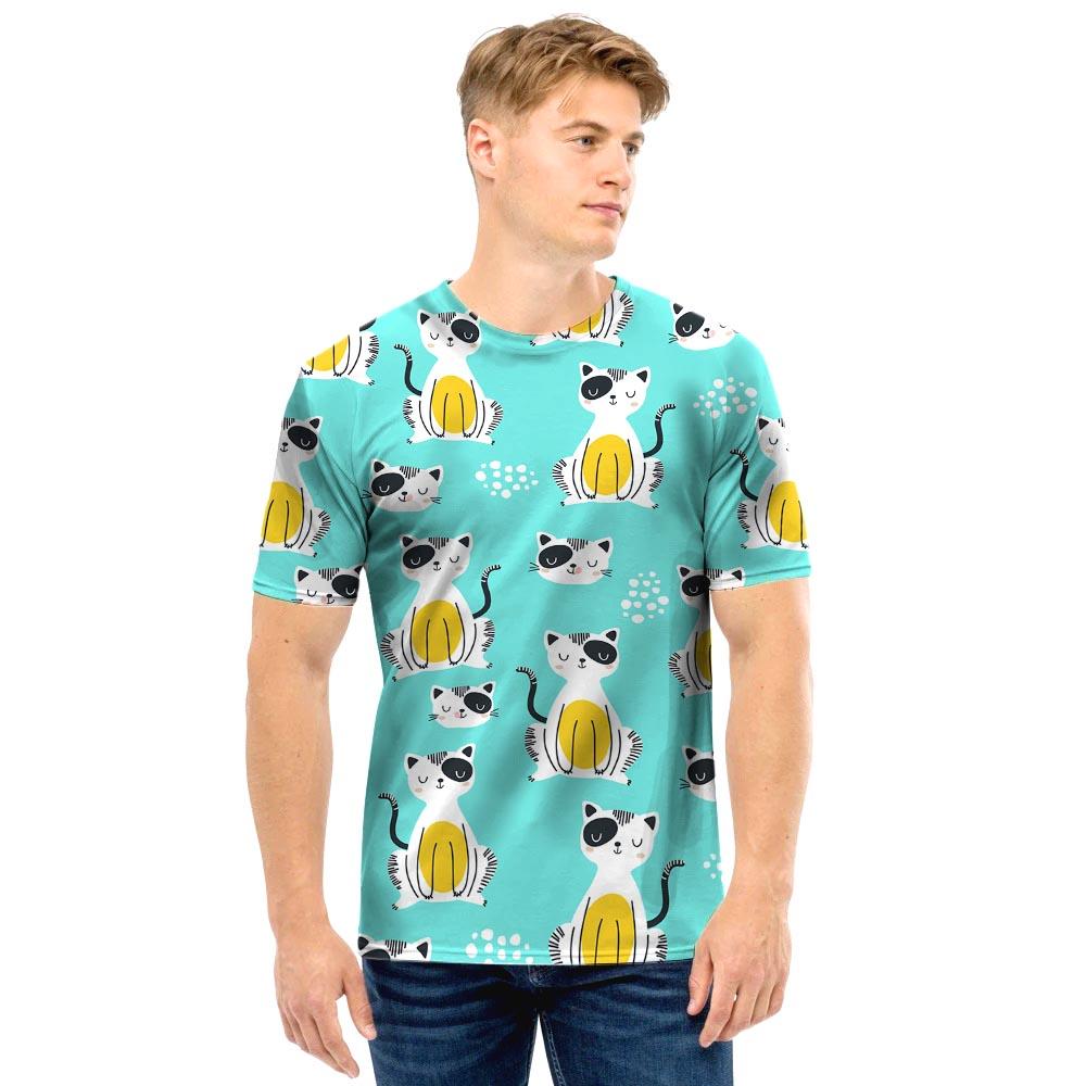 Blue Cat Print Men T Shirt-grizzshop