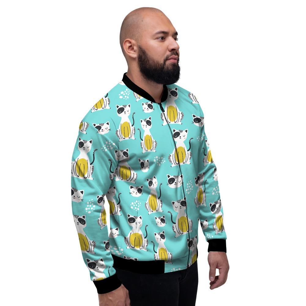 Blue Cat Print Men's Bomber Jacket-grizzshop