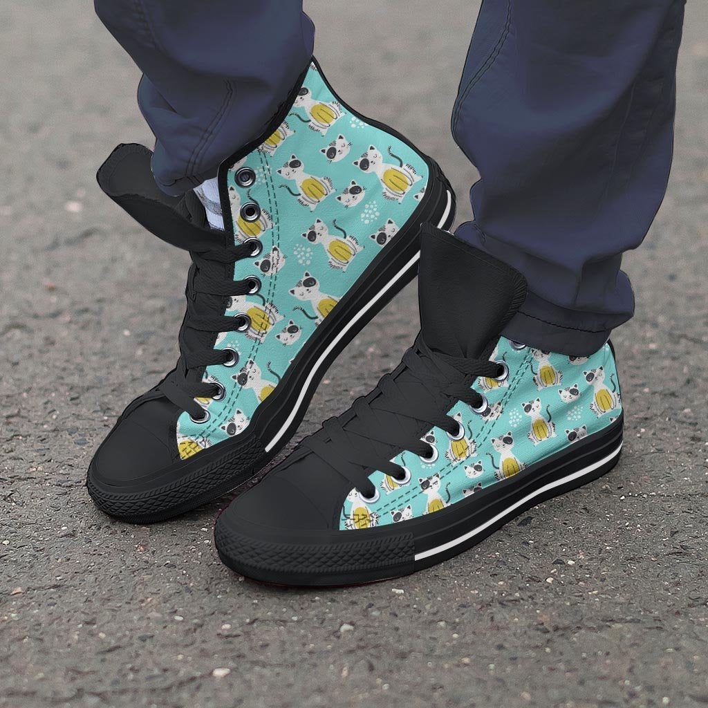 Blue Cat Print Men's High Top Shoes-grizzshop