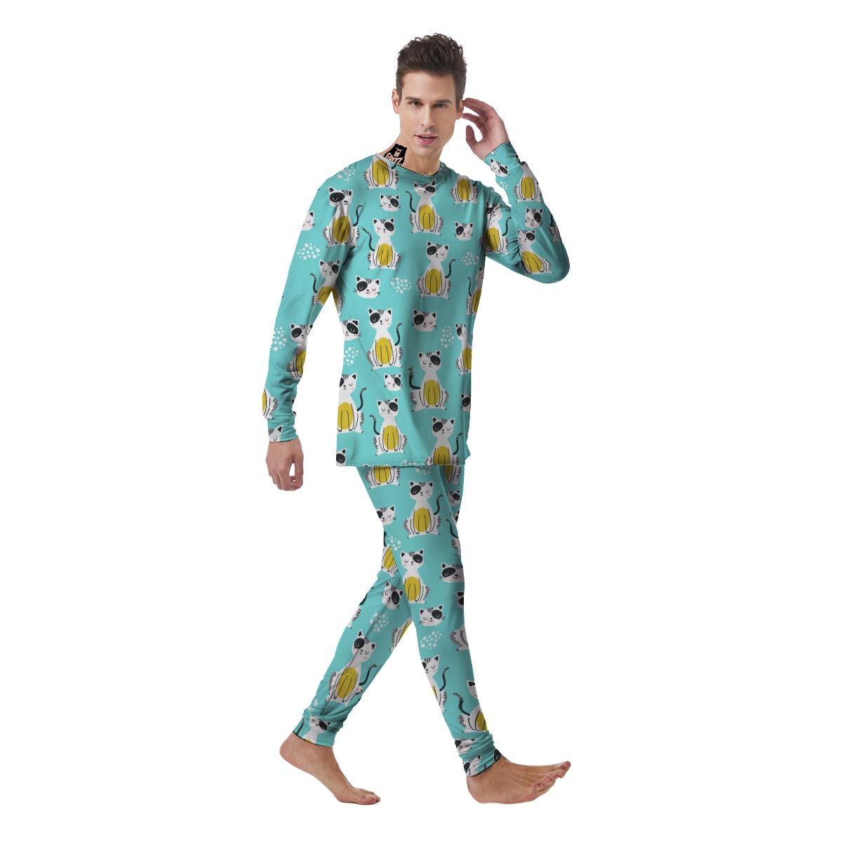 Blue Cat Print Men's Pajamas-grizzshop