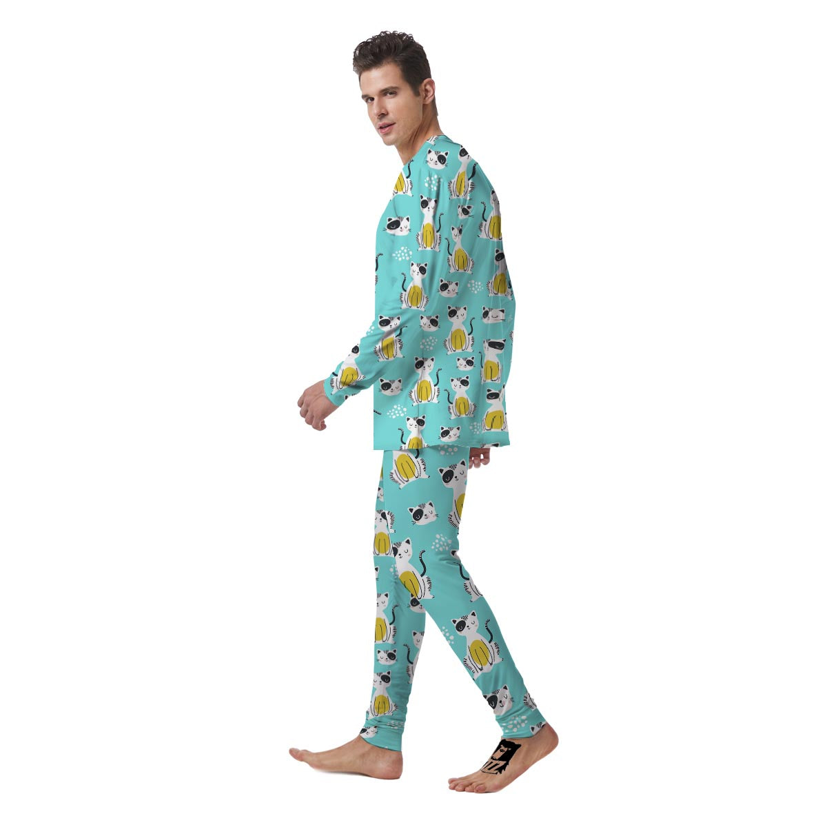 Blue Cat Print Men's Pajamas-grizzshop