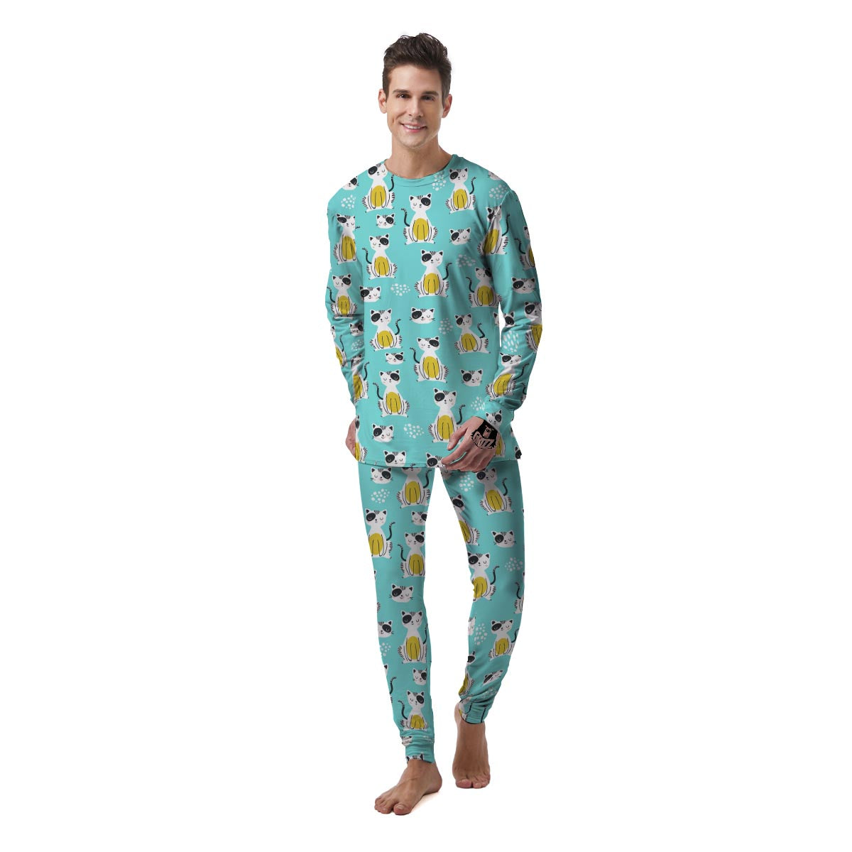 Blue Cat Print Men's Pajamas-grizzshop