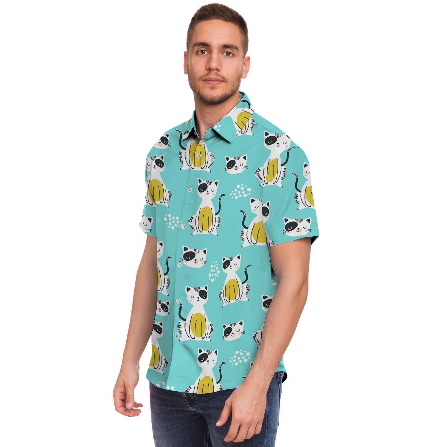 Blue Cat Print Men's Short Sleeve Shirt-grizzshop