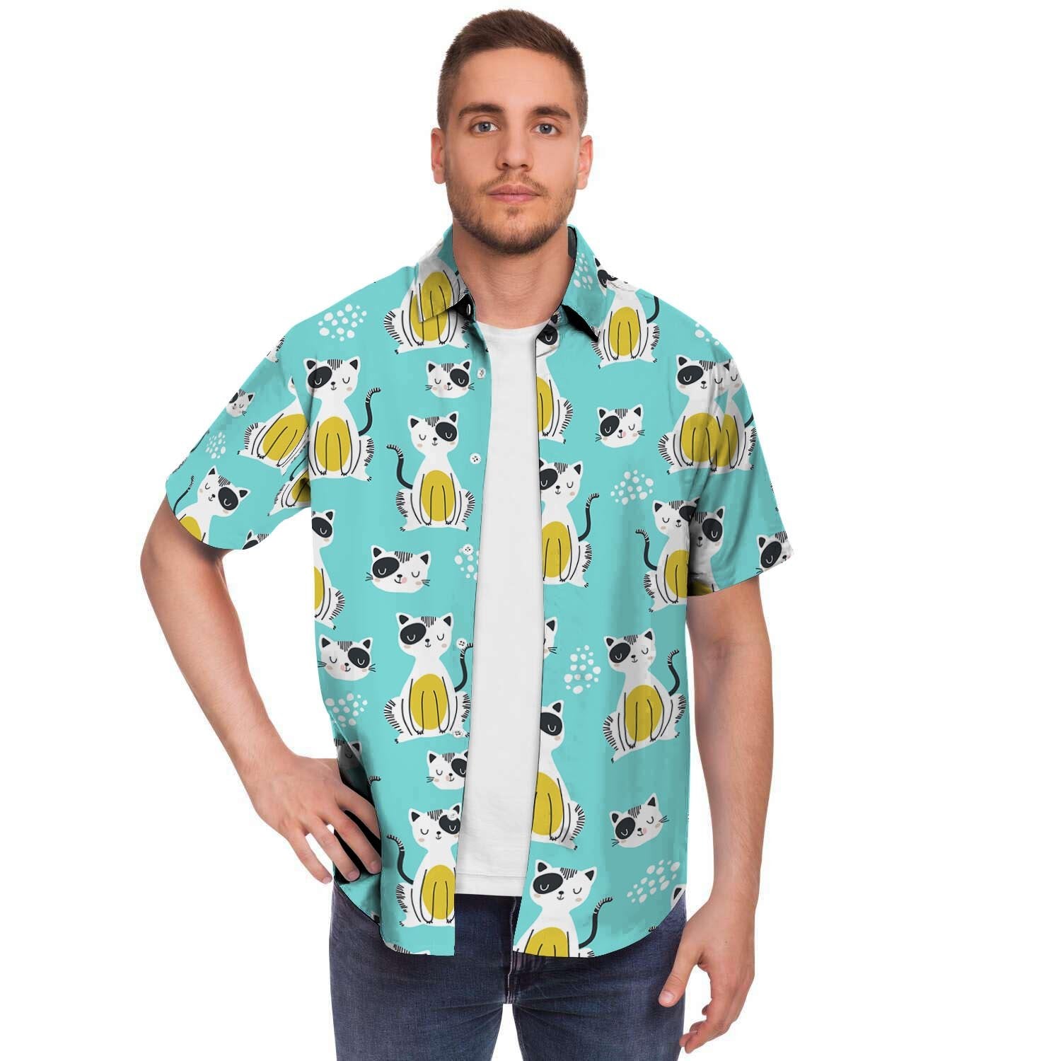 Blue Cat Print Men's Short Sleeve Shirt-grizzshop