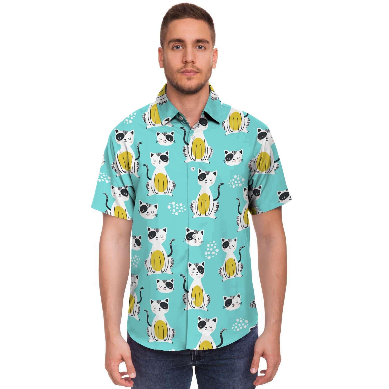 Blue Cat Print Men's Short Sleeve Shirt-grizzshop